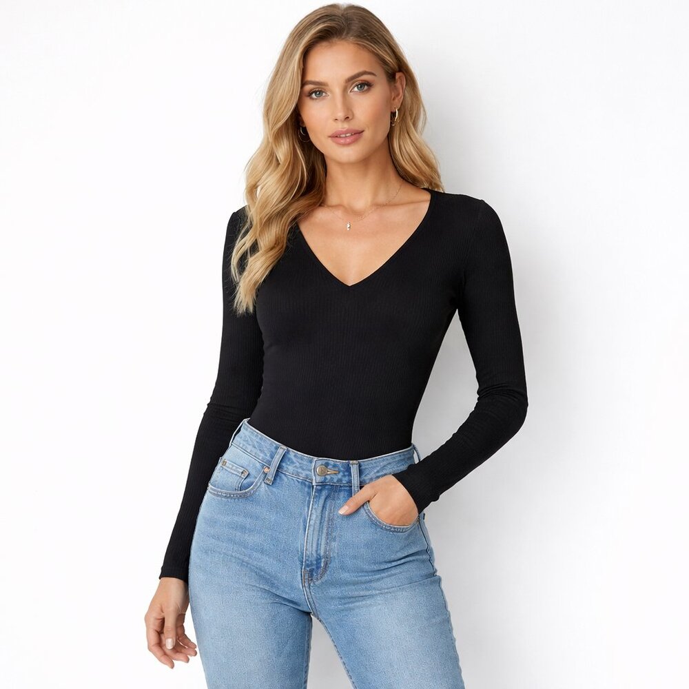 2/$30 Venus Ribbed Bodycon Long Sleeve Top Deep V Neck Black Small #A1694